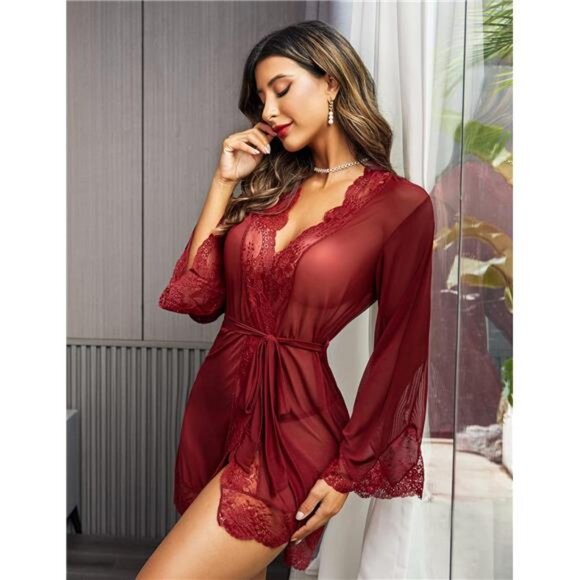 Women Lace Kimono Robe Sexy Lingerie Wine Red - Picture 3 of 4